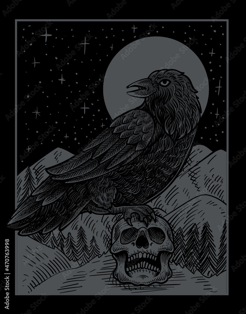Fototapeta premium illustration vintage scary crow with engraving style