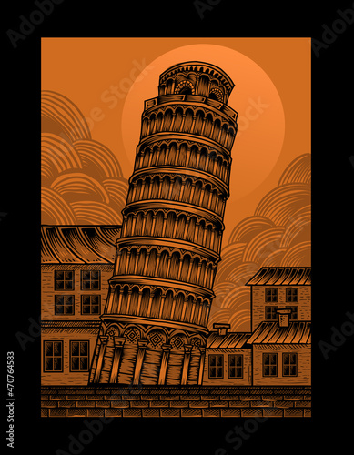 illustration vintage engraving tower with engraving style