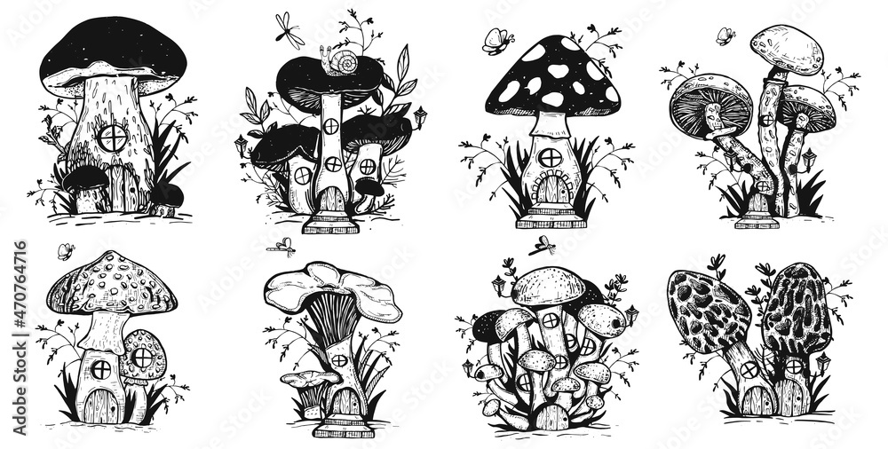 mushroom house drawing. fantastic mushrooms with windows and doors. coloring. vector. eps	