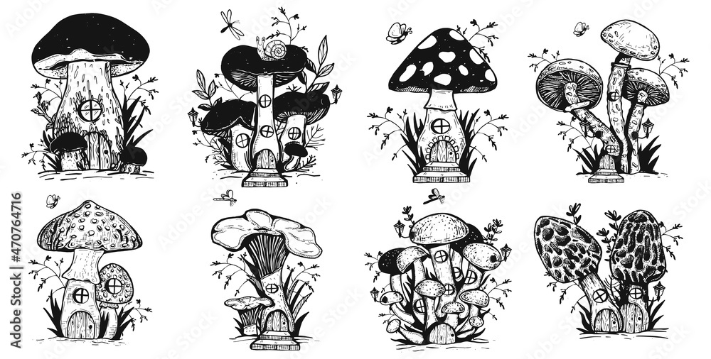 Naklejka premium mushroom house drawing. fantastic mushrooms with windows and doors. coloring. vector. eps 