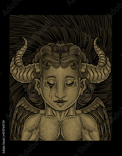 illustration demonic angel with engraving style