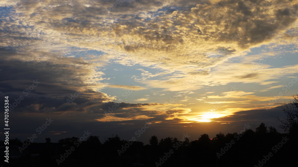 Beautiful sunset in the sky. Natural landscape in the night sky with golden clouds with silhouettes of trees. selective focus