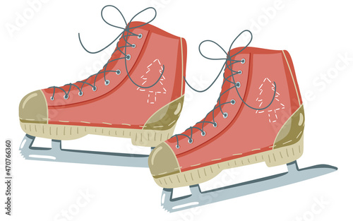 Two retro style red and beige ice skates boots with laces tied with a bow