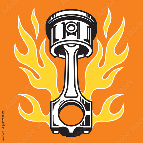 Piston with flames hot rod car part badge or emblem.
Vector illustration of a piston surrounded by classic hot rod pin striping flames.