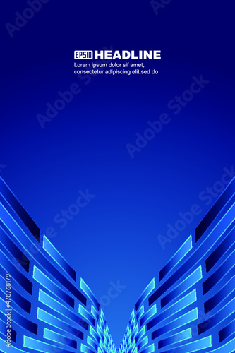 Symmetrical blue stripes form a technical poster background