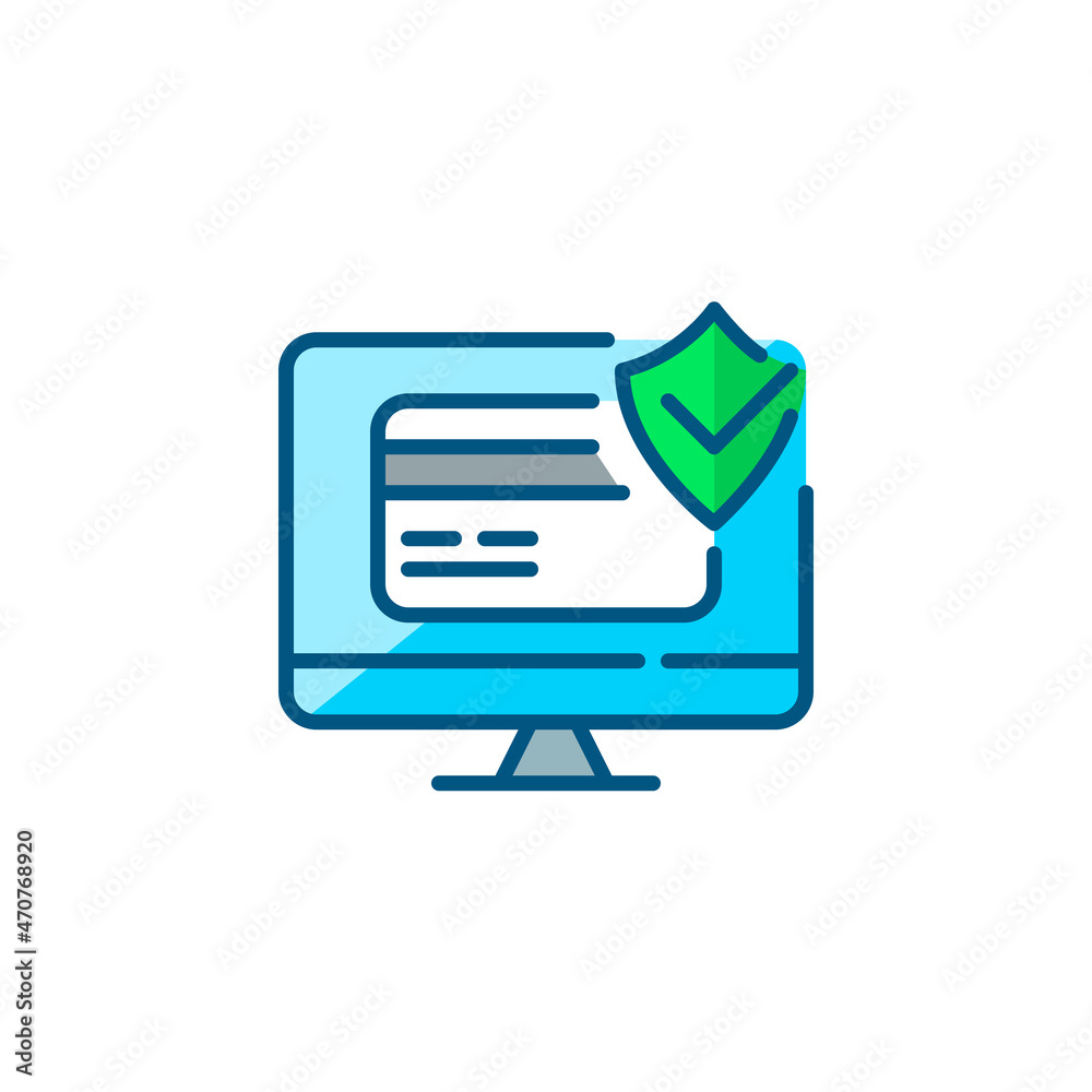 Secure online payment transaction icon. Credit card with a safety shield on a computer screen. Pixel perfect, editable stroke, colorful Secure online payment transaction icon. Credit card with a safety shield on a computer screen. Pixel perfect, editable stroke, colorful