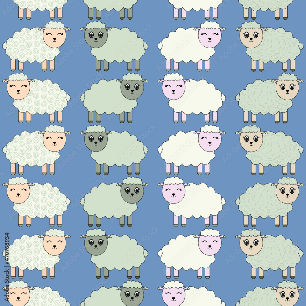Pattern with painted colorful sheeps. Can be used for wallpaper, textiles, packaging, cards, covers. Small cute animal on a blue background. Pattern with painted colorful sheeps. Can be used for wallpaper, textiles, packaging, cards, covers. Small cute animal on a blue background.