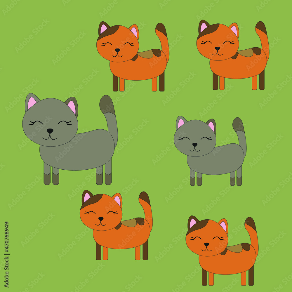 Cute animals cats happy family, with father and children, daugthers and  son on green isolated background, vector illustration.