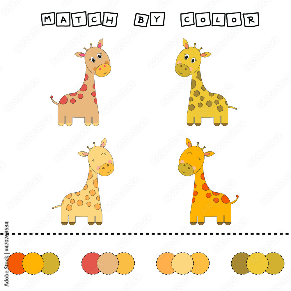 worksheet vector design, challenge to connect the giraffe with its color. Logic game for children. worksheet vector design, challenge to connect the giraffe with its color. Logic game for children.