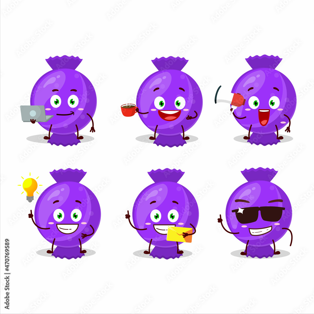 Blue candy wrap cartoon character with various types of business emoticons