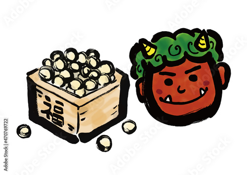 鬼と福豆の手描き和風イラスト