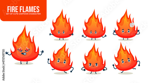 Set of cute fire flames cartoon character with different poses Premium Vector