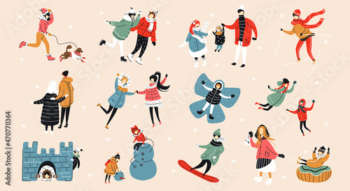 Set of happy people in winter outerwear performing winter activities. Couples, adults and children celebrate Christmas outdoors. Ice skating, skiing, snowball fights, snowman, winter walks. Flat style