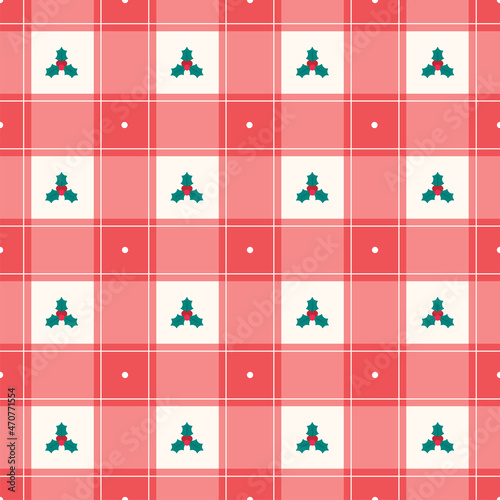 Cute Minimal Merry Christmas Mistletoe Red Checkered Gingham Pattern Editable Stroke. Cartoon Illustration, Mat, Fabric, Textile, Scarf, Wrapping Paper. 