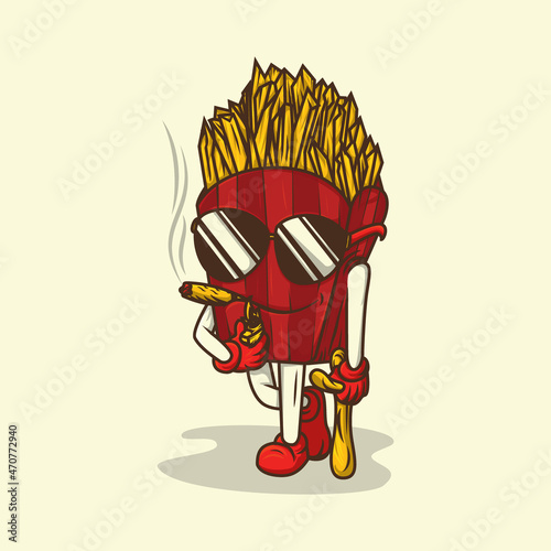 Stylish french fries character illustration with glasses and a bat in hand, with a big cigar makes him look confident