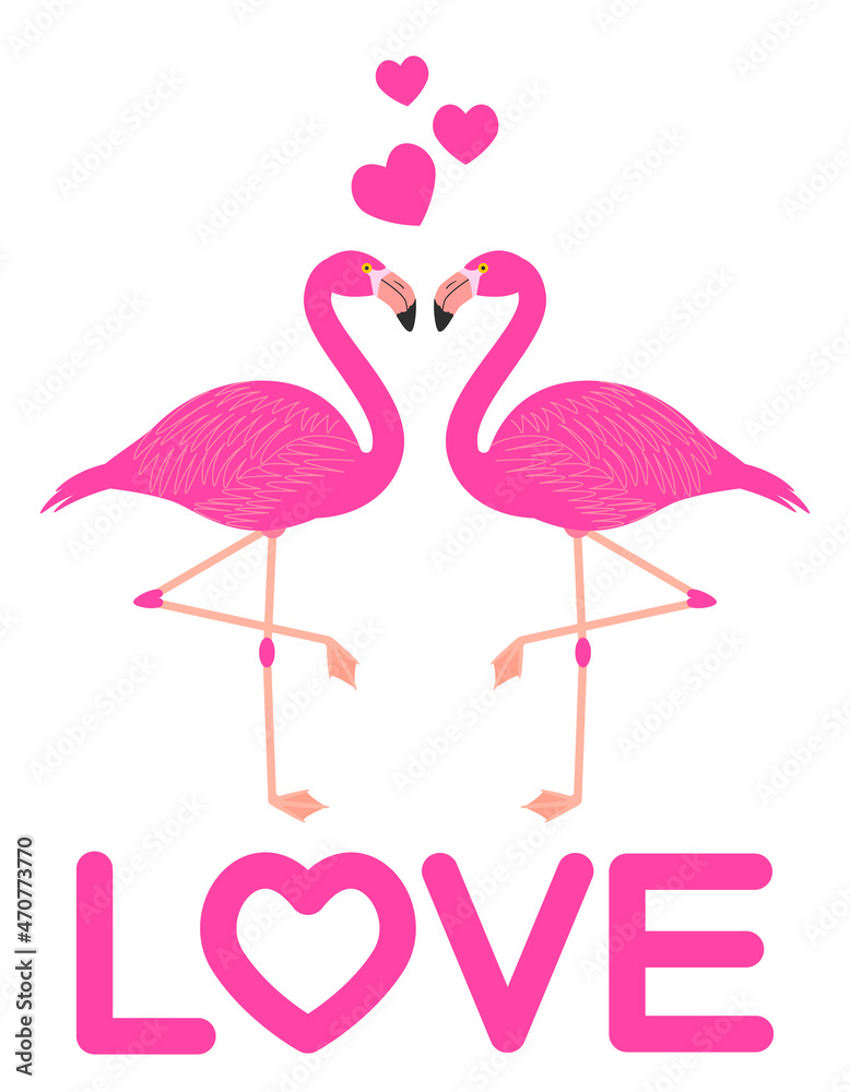 Fototapeta premium 向かい合うフラミンゴとLOVEの文字 ハートマーク