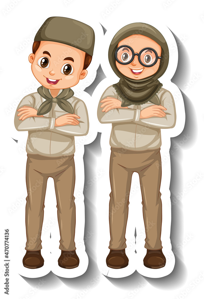 Couple muslim kids wear safari outfit cartoon character sticker