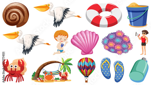 Set of summer beach objects and cartoon characters