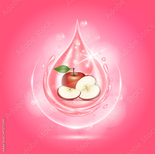 Drop serum appie. Vitamins and collagen organic anti aging serum fruit acid product. Natural eco skin care cosmetic. Realistic 3d vector EPS10 illustration.