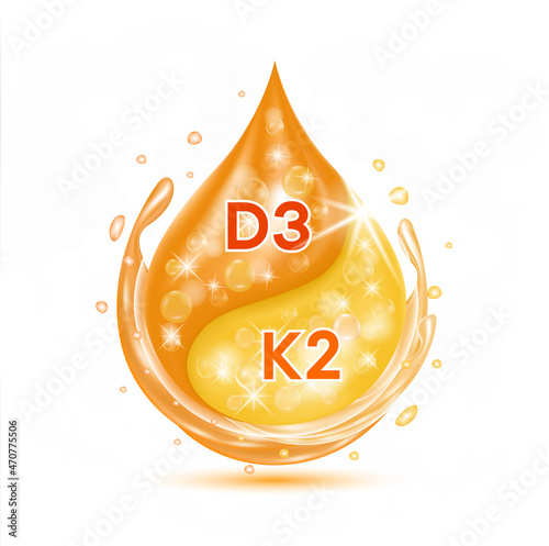 Drop vitamin D3 and K2 for bone health. Pharmaceutical Capsule with minerals orange. Medical and dietary supplement health care concept. 3D Vector EPS10