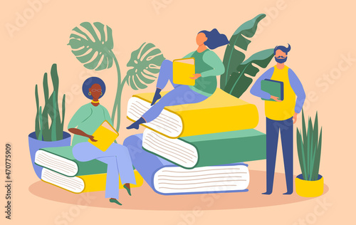 vector illustration on the theme of reading books, hobbies, libraries. people of different races are reading books and sitting on large piles of books. trend illustration in flat style photo