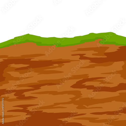 Land in the section. Underground background. Geological layer. Archaeological scenery. Brown ground. Dirt clay and green grass. Vector cartoon