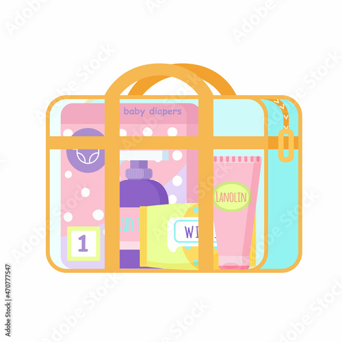 Maternity bag with cosmetics for mom and baby. Packing a hospital bag. Cosmetics for newborn.