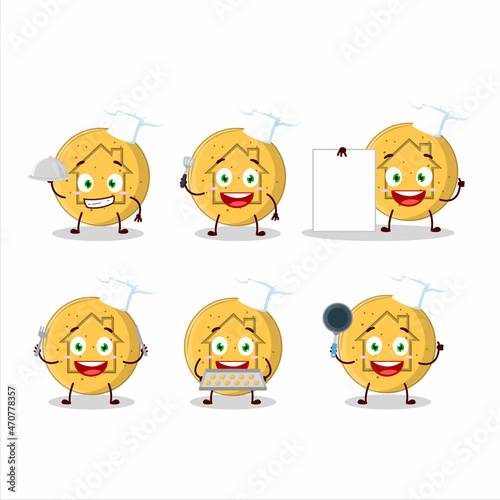 Cartoon character of dalgona candy house with various chef emoticons