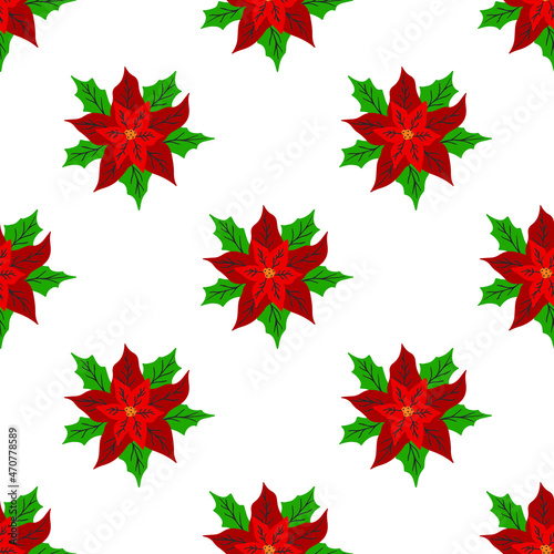 Red poinsettia Christmas seamless pattern. Christmas seamless pattern with red poinsettia. For festive season design, advertisement, greeting cards, invitation, posters. Vector.