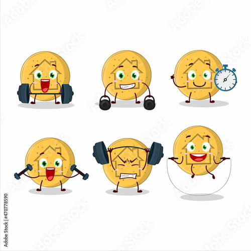 A healthy dalgona candy house cartoon style trying some tools on Fitness center