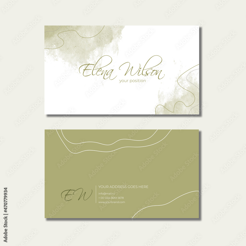 Business card set. Olive watercolor design. Beautiful style.  