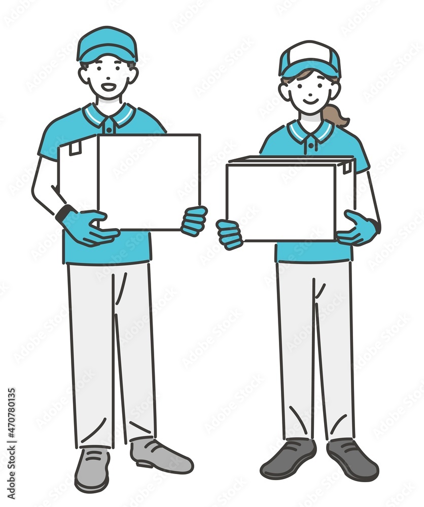 荷物 段ボール を持つ男女の引っ越し業者のベクターイラスト素材 引越し 業者 段ボール Stock Vector Adobe Stock