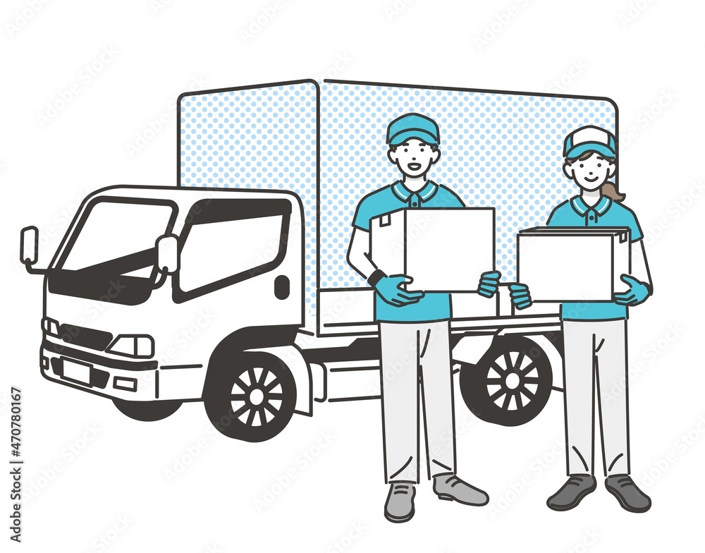 トラックと荷物(段ボール)を持つ男女の引っ越し業者のベクターイラスト素材／引越し／業者／段ボール