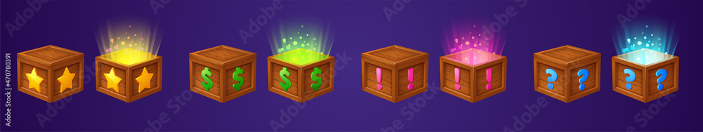 Isometric wooden boxes with different signs and magic light inside. Vector cartoon set of open and closed wood crates with gift, money or surprise for game gui design - obrazy, fototapety, plakaty 