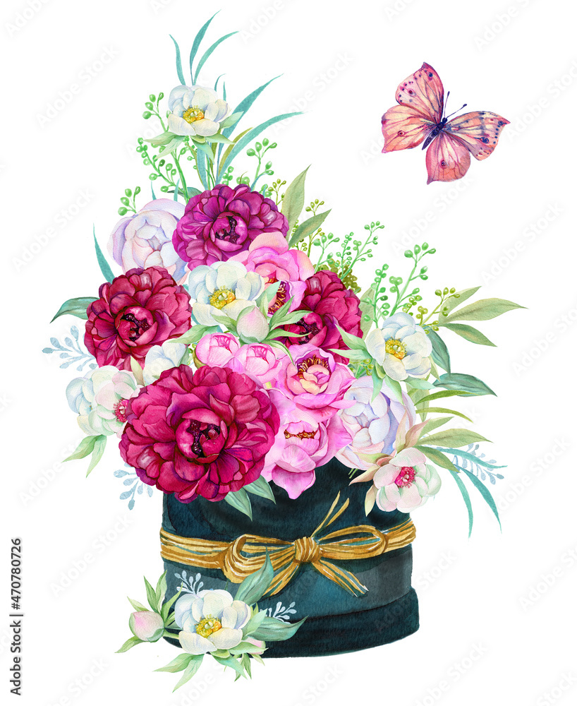 Festive bouquet of peonies flowers in a box watercolor illustration on an isolated white background