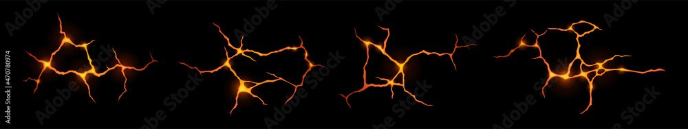 Ground cracks with lava, hot molten magma in breaks on land surface. Vector realistic set of fissure in ground from volcano or earthquake, fractures with liquid lava isolated on black background - obrazy, fototapety, plakaty 