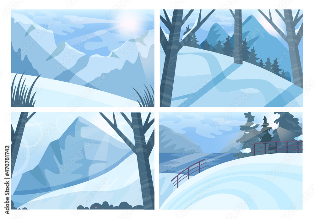 Winter landscape set. Ski and snowboarding wild natural paths. Snowy hills