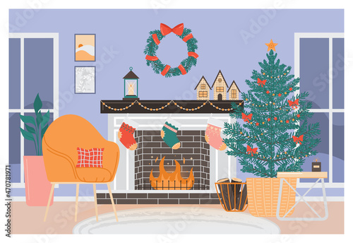 Christmas living room interior. Modern cozy and stylish apartment
