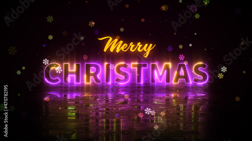 Yellow Purple Light Merry Christmas Greeting Text Neon Sign With Floor Reflection And Snowflakes Falling Design