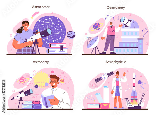 Astronomy and astronomer concept set. Professional scientist