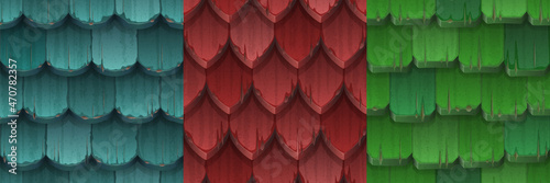 Old roof tile textures, traditional house cover with color wooden tiles. Vector cartoon set of seamless patterns of buildings rooftop structure for game interface