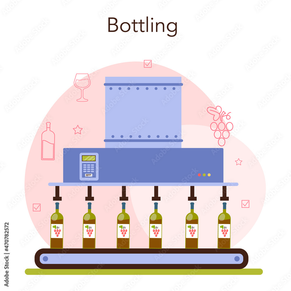 Naklejka premium Wine production concept. Grape wine puted in bottles for sale.