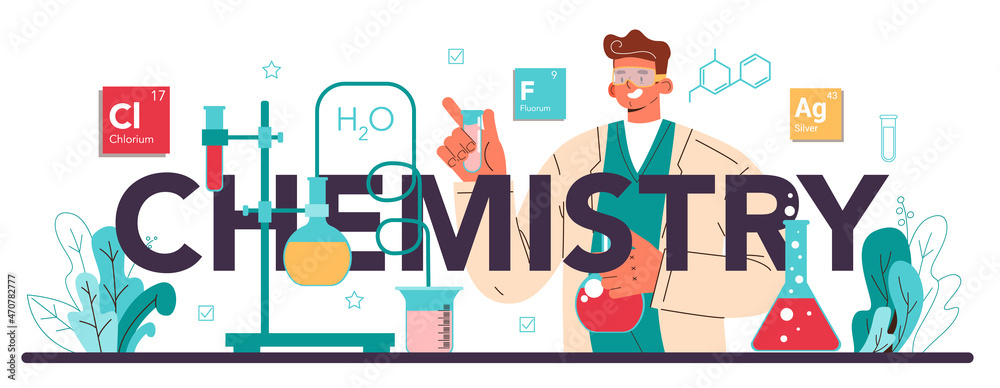 Chemistry typographic header. Chemistry scientist doing an experiment