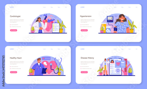 Cardiologist web banner or landing page set. Idea of heart medical diagnostic
