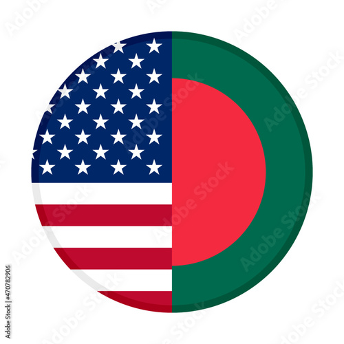 round icon with america and bangladesh flags isolated on white background