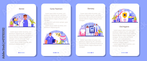 Dentist mobile application banner set. Dental doctor in uniform treating