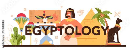 Egyptiology typographic header. Ancient Egypt papyrus, pyramid and culture study