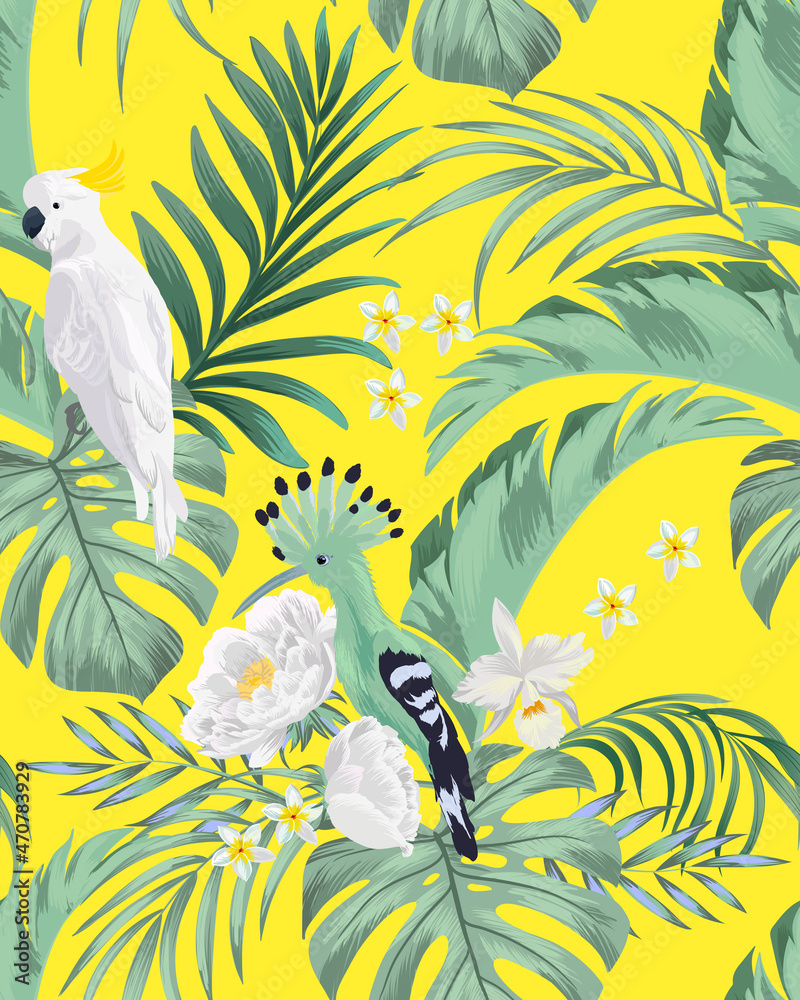 Fototapeta premium Summer tropical vector pattern with birds and palm leaves. Seamless botanical background. ESP 10. Tropic wallpaper.