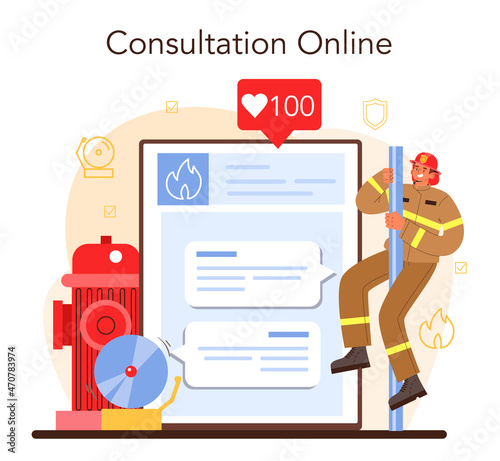 Firefighter online service or platform. Fire brigade fighting with flame