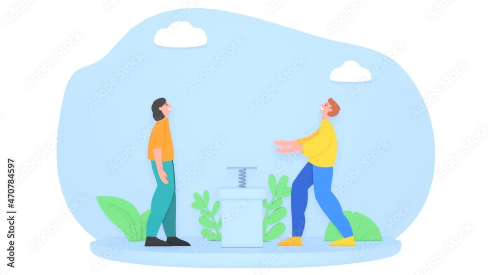 Small business startup, rocket launch. Two people try to send tiny rocket fly into sky. Modern 2d loop animation Small business startup, rocket launch. Two people try to send tiny rocket fly into sky. Modern 2d loop animation